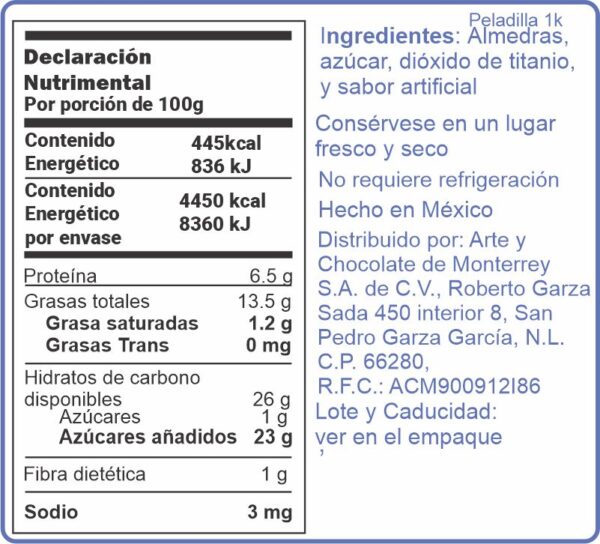 Tabla nutrimental e ingredientes Peladilla blanca