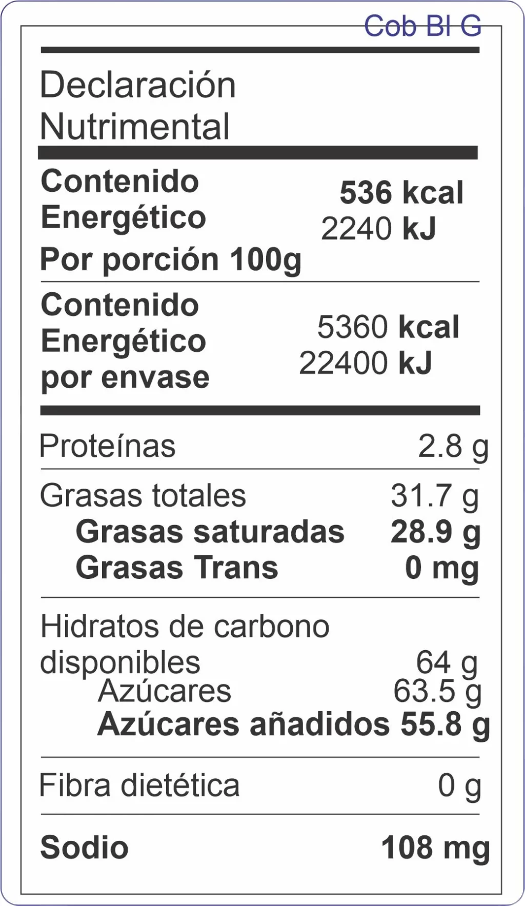 Tabla nutrimental chocolate blanca 1kg