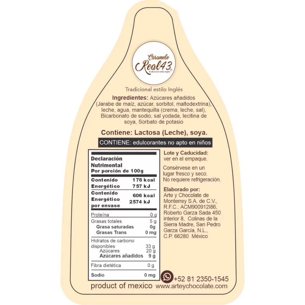 Tabla nutrimental Caramelo liquido real 43 340g con fibra y baja en azucar